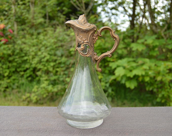 Glass Ewer Decorative Spelter Pitcher Jug Decanter Made in France Good Condition Screw Top Gold Covered Spou Art Nouveau