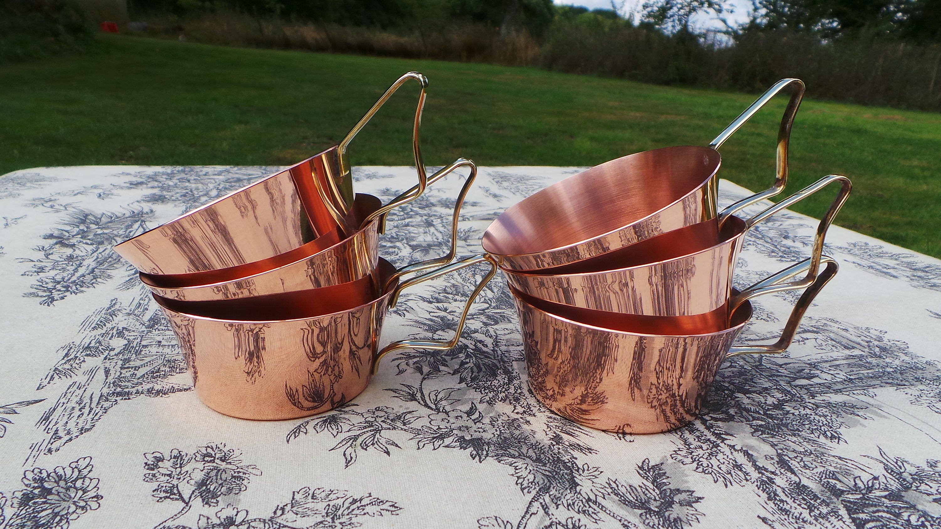 Six Copper Cups Vintage French Copper Cups Sweeping Brass Handles Hand