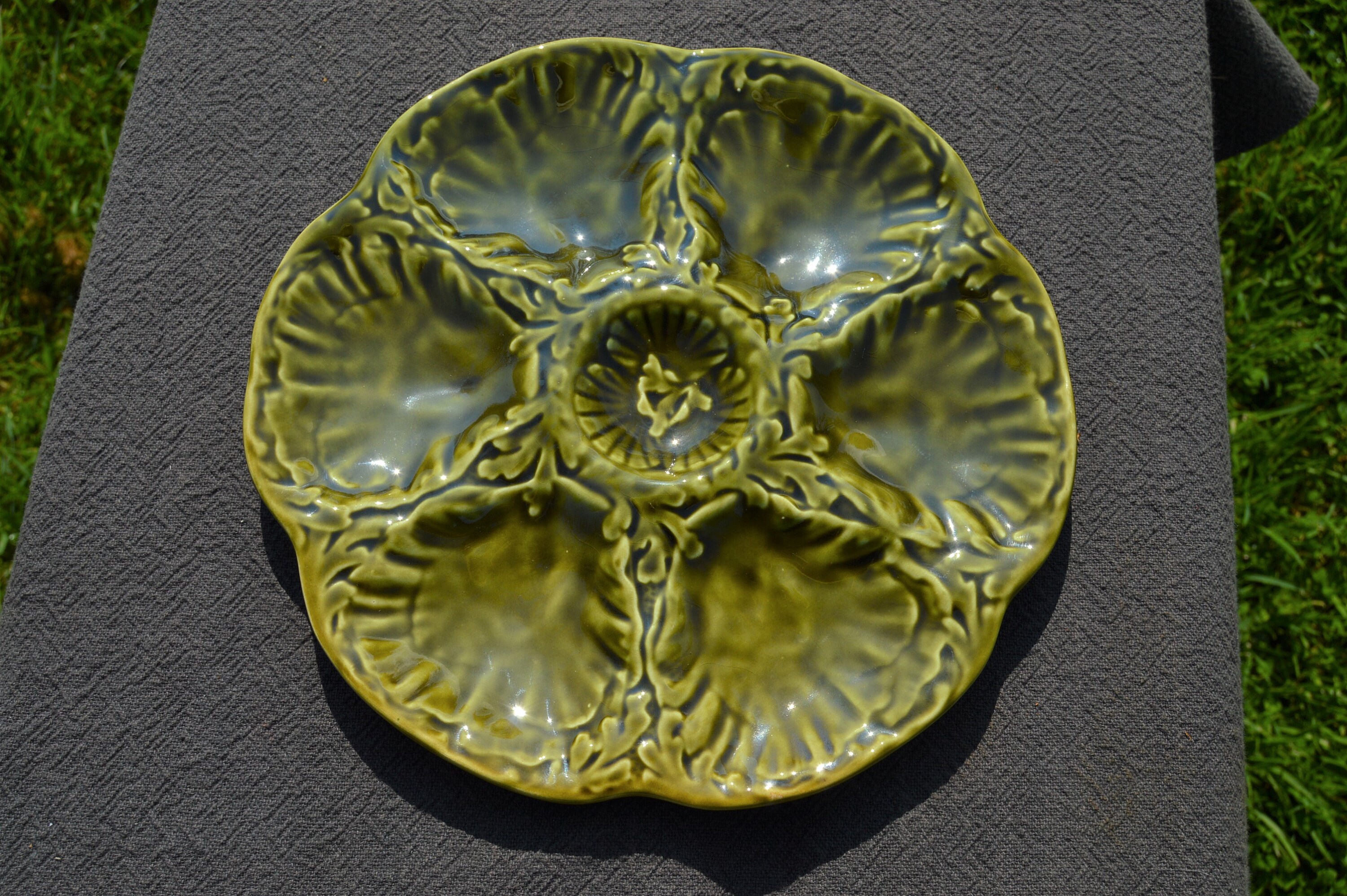 Plaque d'huître Gien Huitre Mussel Fish Plate Green Vintage Français Super Condition Seafood Shellfi