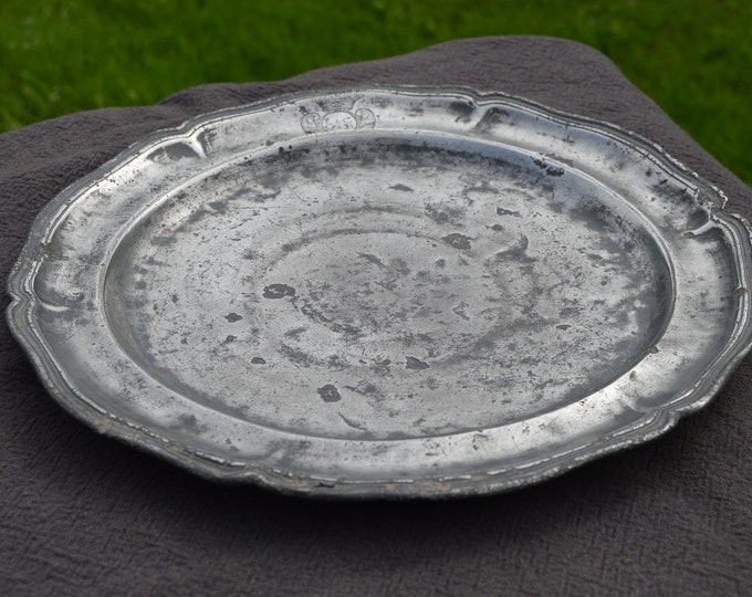 Late 18th Century Pewter Plate Fully Marked Wavy Edge Heavy Pewter Marked LC VB Marriage Plate Design Late 1700s Antique Pitted Pewter
