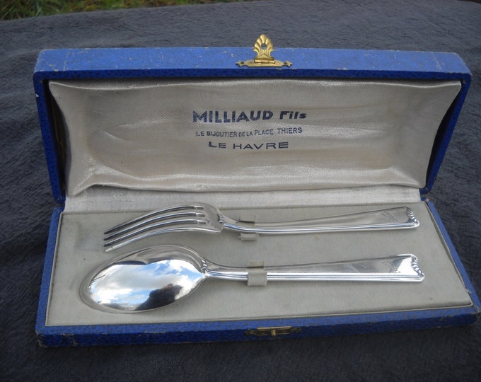 Ercuis Silver Plated 'Metaille Blanc' Boxed Fork and Spoon - Real Luxury Retailed by Milliaud Fils Le Havre Made by Ercuis of Paris