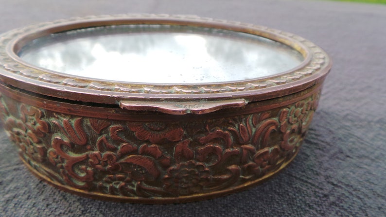 Bronze Mirrored Box Plush Velvet Interior Worn Mirror Losses Marked France Cast Metal Missing Ormalu Fabulous Jewelery Box Ring Box