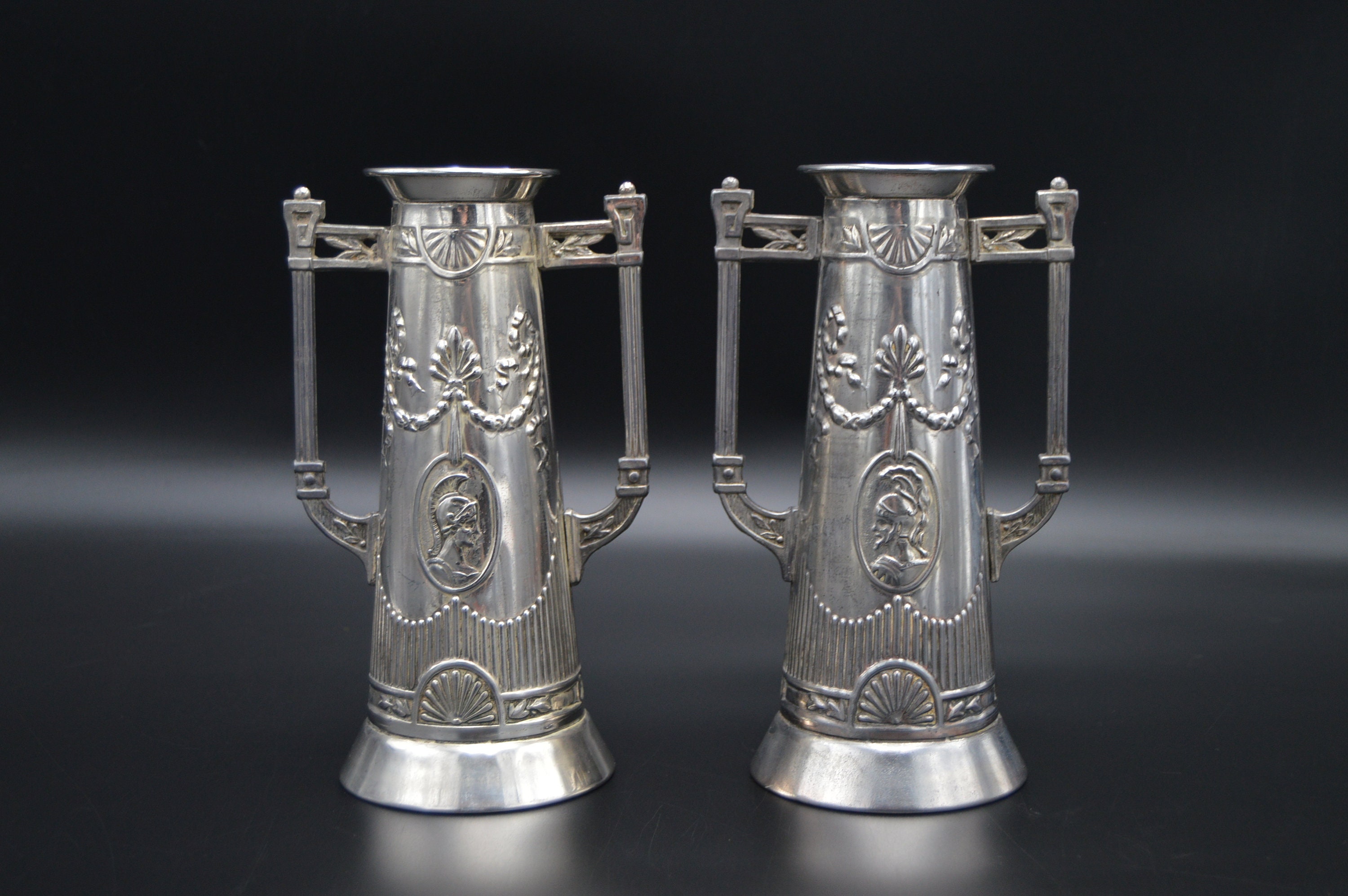 Paire Secession Fine Silver Plate Flower Vases Pots Art Nouveau Déco Jugendstil Tall Vase Nor Manufa