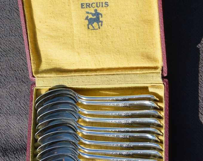 Teaspoons 12 Twelve Ercuis Silver Plated 'Metaille Blanc' Boxed Set of Spoons Real Luxury Made by Ercuis of Paris