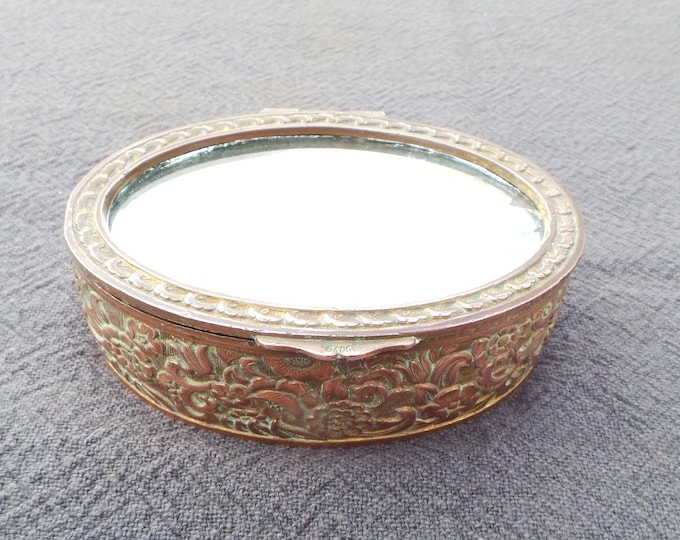 Bronze Mirrored Box Plush Velvet Interior Worn Mirror Losses Marked France Cast Metal Missing Ormolu Fabulous Jewelery Box Ring Box