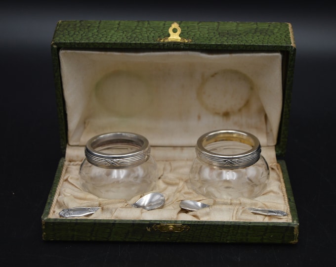 Boxed Pair Salts with Silver Plate Spoons Crystal Serving Set French Etched Glass Silver Plate Rims Salt Servers Saliere Salerons