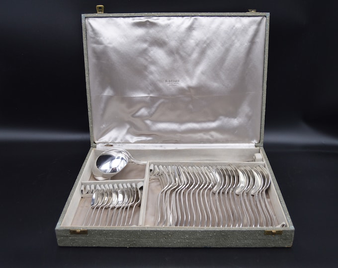 Alfenide 12 Forks and 11 Spoons 10 Teaspoons 1 Ladle Boxed French Silver Plated Marked Vintage Alfenide Made By Christofle Cutlery Flatware