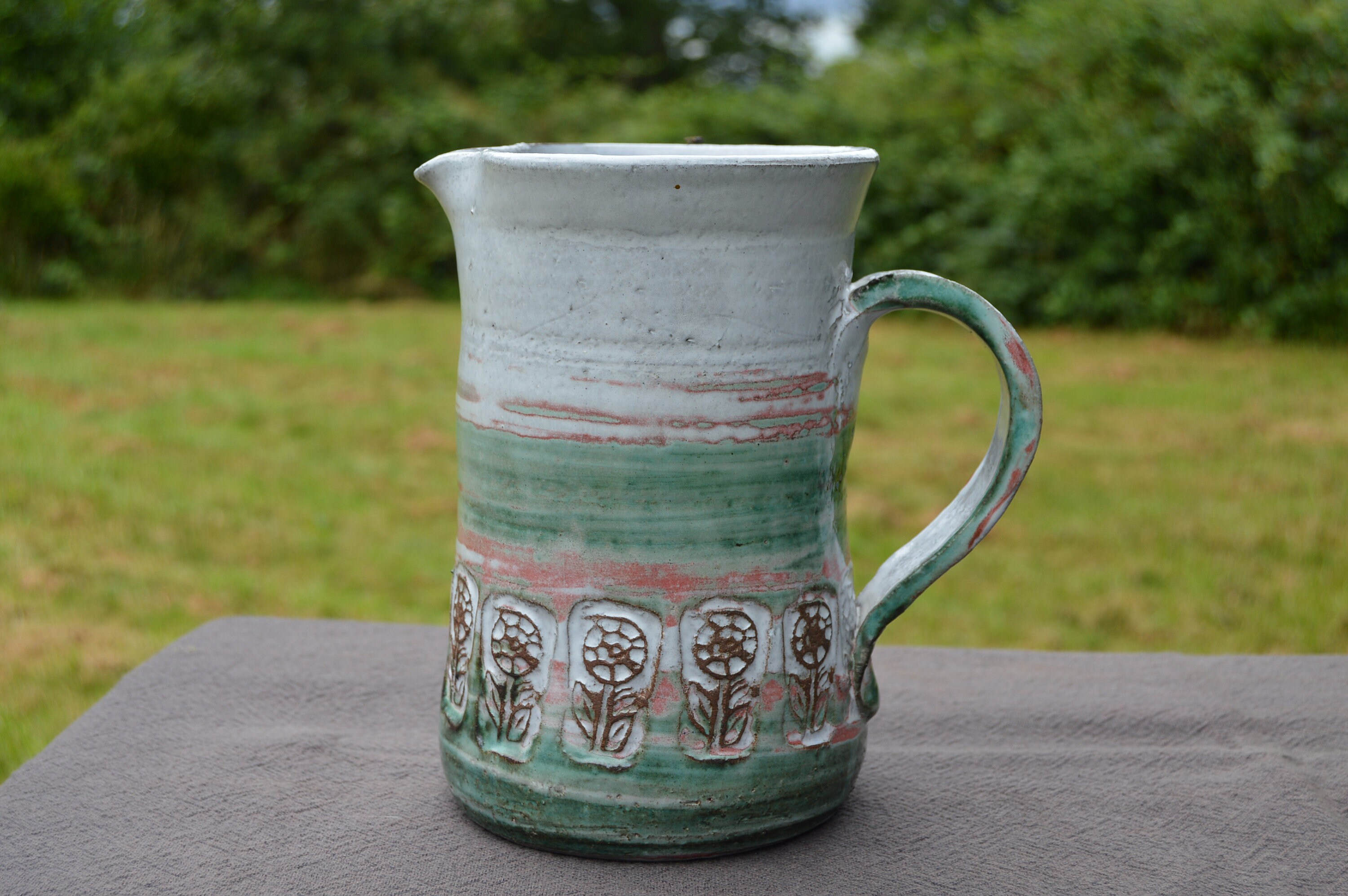 Cruche Pitcher Albert Thiry Vallauris Vintage Français Design d'art Moderne Gris Vert Brun Entièreme