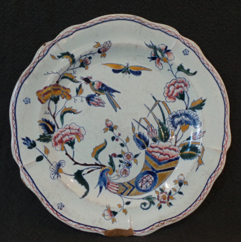 Gien Early French Faience China Tin Glazed Ceramic Hand Painted Plate