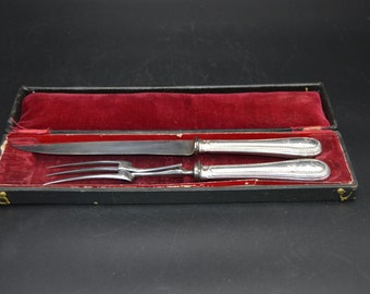Chenailler Carving Set French Solid SILVER Silver Handle Fork Carbon Steel Blade Antique Hallmarked Minerva 950 Silver Marked Paris Old Box