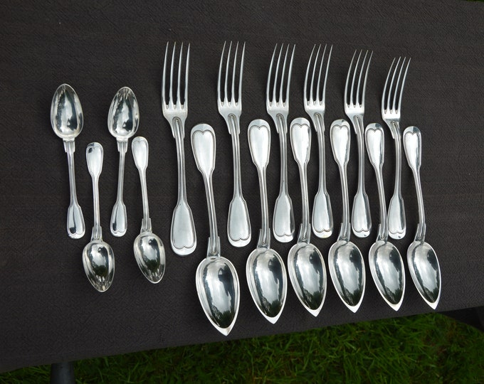 Antique Ruolz Six Spoons Forks and Four Teaspoons Filet French Silver Plated Riolz Marked 1866-1868 Luxury Cutlery Flatware