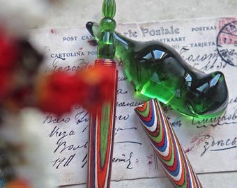 Colorful Wooden Glass Dip Pen with Cat Holder, 0.4mm Green Glass Pen for Calligraphy, Journaling, Drawing & Ink Writing