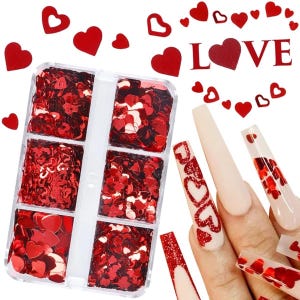 Red Heart Nail Sequins 480pcs, 6 Grids Nail Glitter Mix Shapes, Valentine’s Day Love Nail Art Decoration, DIY Manicure Craft Confetti