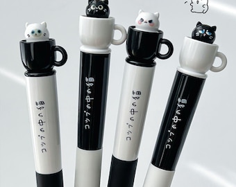 Set of 4pcs Teacup Cat Gel Pens Set, Cute Kawaii Black Ink Pens, Twist Retractable Fine Tip Pens, Creative Stationery Gift