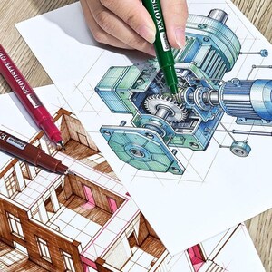 May include: An illustration of a mechanical device is being drawn with a green GuangNa Exquisite Graphic pen. Other drawings of architectural designs are visible, along with red and brown GuangNa Exquisite Graphic pens.