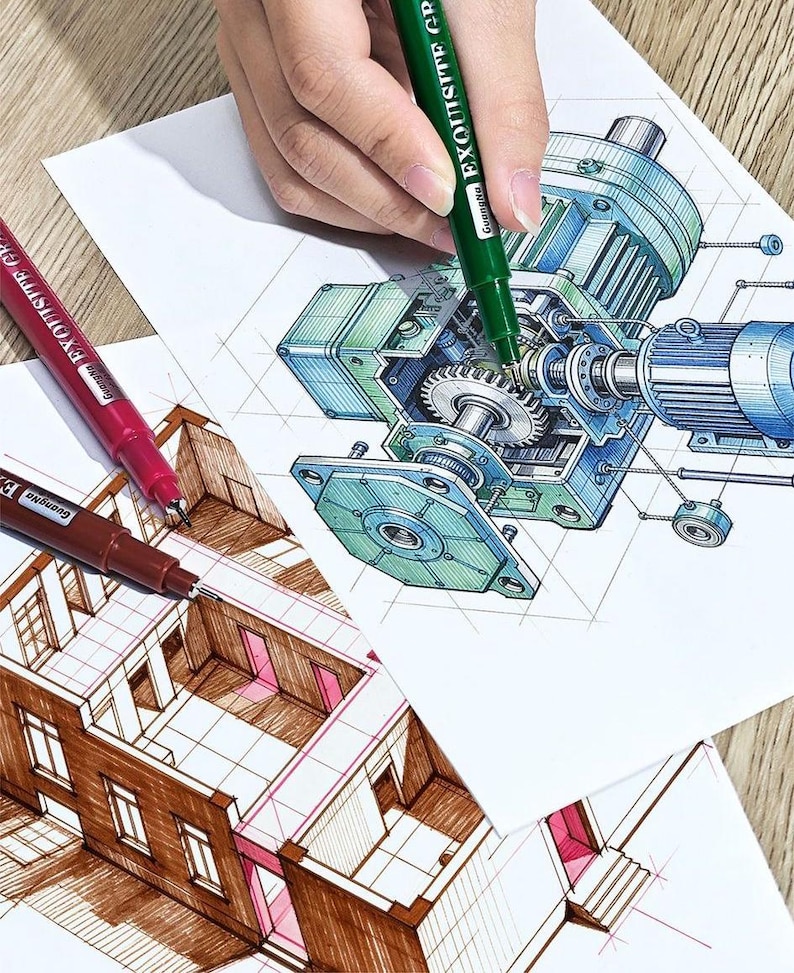 May include: An illustration of a mechanical device is being drawn with a green GuangNa Exquisite Graphic pen. Other drawings of architectural designs are visible, along with red and brown GuangNa Exquisite Graphic pens.