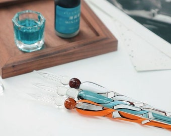 Spring Melodies-Glass Dip Pen Spiral Harmony Glass Pen, Choose from Gray White, Orange Black, or Blue Black