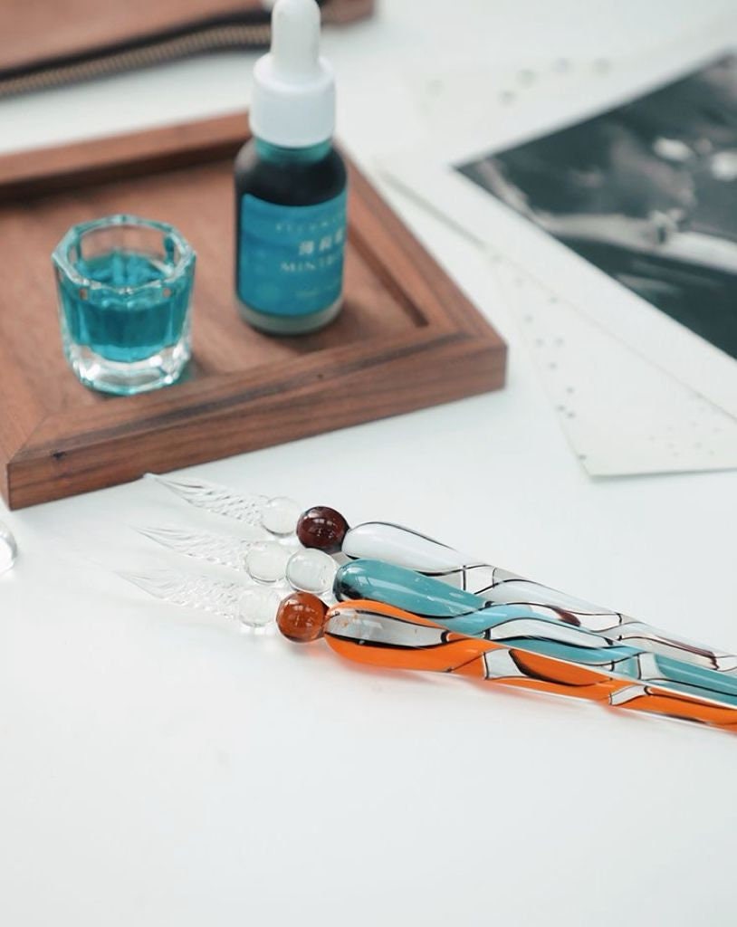 Spring Melodies-Glass Dip Pen Spiral Harmony Glass Pen, Choose from Gray White, Orange Black, or Blue Black