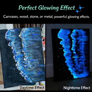 Puede incluir: Una comparaci&oacute;n en pantalla dividida de una pintura sobre lienzo rectangular. El lado izquierdo muestra un efecto diurno con pintura texturizada azul, blanca y negra. El lado derecho muestra un efecto nocturno con la misma pintura brillando en azul.