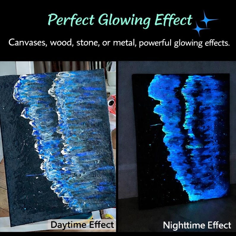 Puede incluir: Una comparaci&oacute;n en pantalla dividida de una pintura sobre lienzo rectangular. El lado izquierdo muestra un efecto diurno con pintura texturizada azul, blanca y negra. El lado derecho muestra un efecto nocturno con la misma pintura brillando en azul.