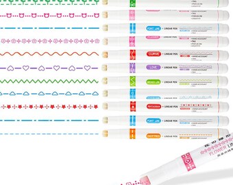 May include: A set of twelve white linear pens with colored caps and barrels, each featuring a unique pattern design. The pens create decorative lines including flowers, hearts, stars, clouds, and geometric shapes on paper surfaces.