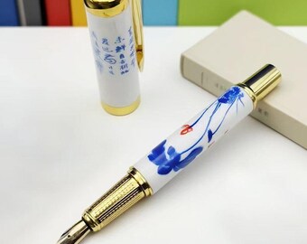 Blue and White Porcelain Fountain Pen Chinese Style Ceramic Pen Vintage Dragon Lotus Writing Pen Gift Box Set