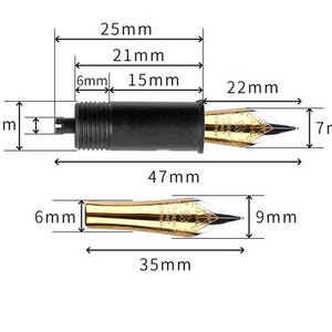 May include: A black and gold fountain pen nib with measurements in millimeters. The nib is 47 mm long, 22 mm wide, and 7 mm thick. The nib is also 35 mm long and 9 mm thick.