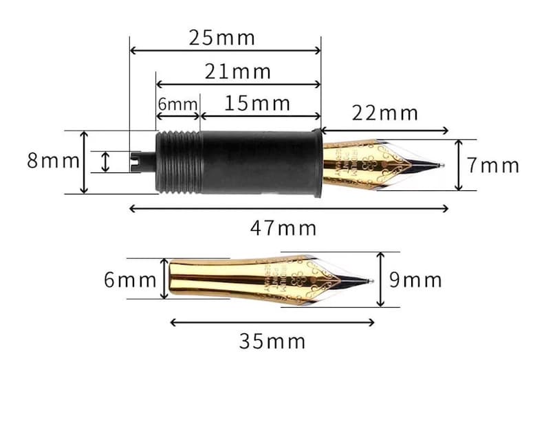 May include: A black and gold fountain pen nib with measurements in millimeters. The nib is 47 mm long, 22 mm wide, and 7 mm thick. The nib is also 35 mm long and 9 mm thick.