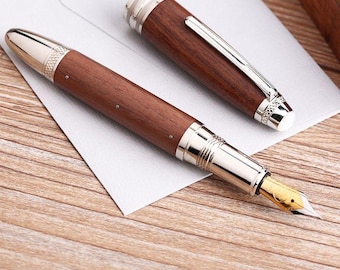 Handcrafted Solid Wood Fountain Pen with 18K Gold Plated Iridium Nib, Mother of Pearl Finial, Luxury Writing Pen Gift