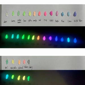 Puede incluir: Una colecci&oacute;n de peque&ntilde;as muestras de pintura en forma de l&aacute;grima dispuestas en filas sobre una superficie blanca. Cada muestra est&aacute; etiquetada con texto escrito a mano que incluye white, green, bright green, lime, yellow, orange, red, pink, violet, purple, blue, cyan, royal blue, teal, mid yellow, almond, salmon y grey. Las muestras brillan en la oscuridad, mostrando colores ne&oacute;n vibrantes.