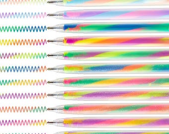 May include: A set of twelve ballpoint pens with clear plastic barrels containing multi-colored, swirled ink patterns. Each pen features a metal tip and produces a distinct zigzag line of ink in colors matching the internal swirl design.