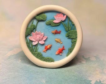 Lotus Pond Wax Seal Stamp with Wooden Handle, Koi Fish and Lotus Flower Brass Seal, Oriental Water Garden Wax Stamp for Journals