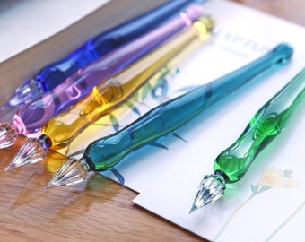 Glass Dip Pen Handmade Japanese Glass Pens Solid Color Glass Art Pen for Calligraphy, Blue/Pink/Purple/Green/Yellow