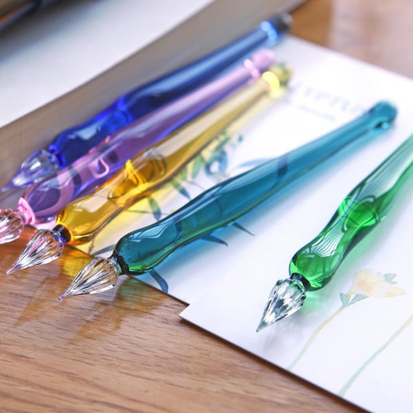 Glass Dip Pen Handmade Japanese Glass Pens Solid Color Glass Art Pen for Calligraphy, Blue/Pink/Purple/Green/Yellow