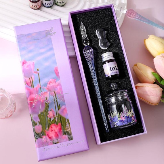 Gradient Glass Dip Pen Set with Ink, Rinse Cup & Holder, Calligraphy Gift Set, Handmade Writing Pen Kit for Journaling Art
