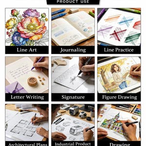 May include: A collage showcasing various uses of drawing pens, including line art, journaling, and architectural plans. The image features examples of figure drawing, signature creation, and industrial product design. Text on the image includes "Line Art", "Journaling", and "Line Practice".
