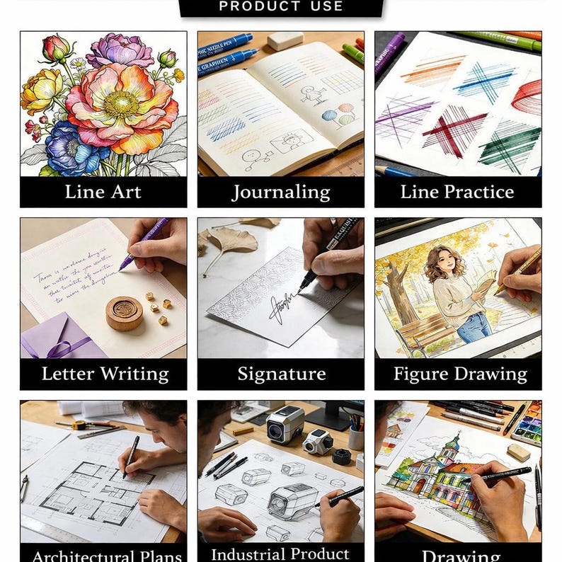 May include: A collage showcasing various uses of drawing pens, including line art, journaling, and architectural plans. The image features examples of figure drawing, signature creation, and industrial product design. Text on the image includes "Line Art", "Journaling", and "Line Practice".