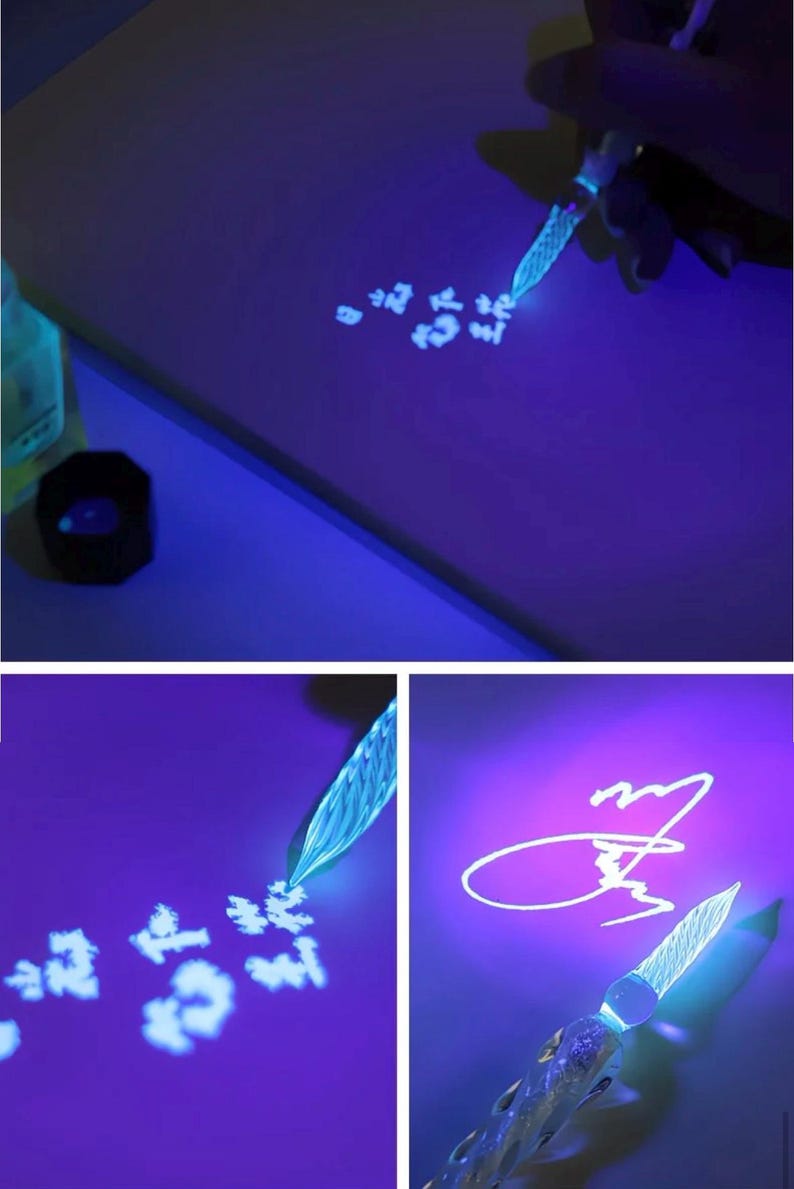 May include: A glass calligraphy pen with a detailed, textured design is shown writing on a purple surface. The pen is illuminated, creating a glowing effect. The image shows the pen writing characters and a signature.