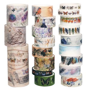 Zestaw 20 rolek taśmy Washi z motywem natury | Taśma maskująca Washi z motywem motyla, pióra, ptaka, sowy i łabędzia do dziennika śmieci, majsterkowania, rzemiosła, scrapbookingu