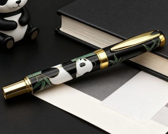 Pluma estilográfica de cerámica con diseño de panda, estilo chino, con estuche de regalo y punta fina de 0,5 mm para caligrafía.