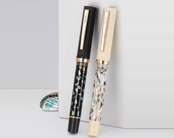Pluma estilográfica con incrustaciones de nácar, cuerpo de resina, plumín de iridio, sistema de llenado de tinta giratorio, elegante regalo para escribir.