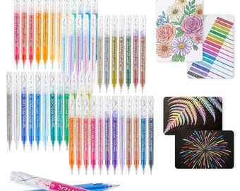 May include: A set of numerous glitter gel pens in various colors, each labeled Blast Glitter, alongside several rectangular cards featuring floral illustrations, colorful line patterns, a fern leaf design, and a firework graphic on black backgrounds.