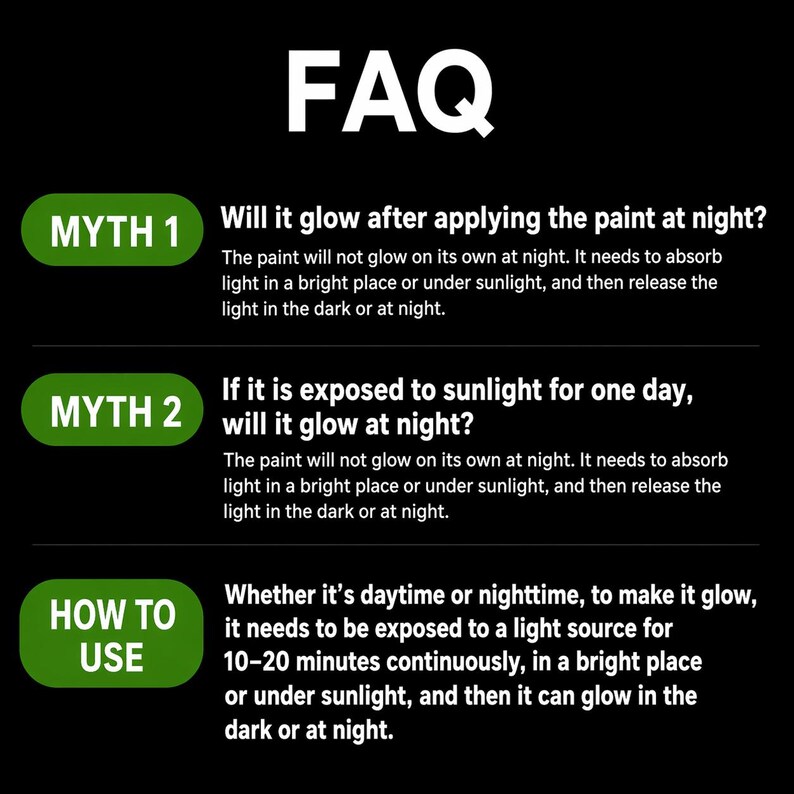 Puede incluir: Un gr&aacute;fico informativo con fondo negro y texto blanco titulado FAQ. Enumera Myth 1, Myth 2 y How to Use en rect&aacute;ngulos verdes redondeados, explicando que la pintura requiere exposici&oacute;n a la luz para brillar en la oscuridad o por la noche.