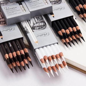 12pcs Highlight Charcoal Pencils, Sketching Highlighter, Black White Brown Pencils
