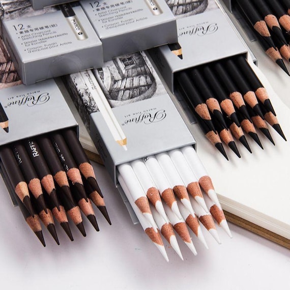 12pcs Highlight Charcoal Pencils, Sketching Highlighter, Black White Brown Pencils
