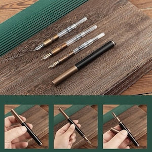May include: A collection of fountain pens with gold-colored nibs and accents, and black barrels. The pens are displayed on a wooden surface with a green background. The image also shows the pen being held and disassembled.