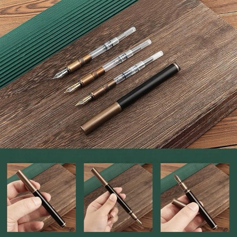 May include: A collection of fountain pens with gold-colored nibs and accents, and black barrels. The pens are displayed on a wooden surface with a green background. The image also shows the pen being held and disassembled.