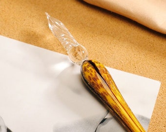 Golden Glimmer Glass Dip Pen, Sparkling Elegance Glass Calligraphy, Design in Yellow, Black, Red, Blue, and White