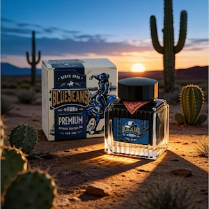 Könnte beinhalten: Eine Flasche BlueJeans Premium Tinte und ihre Schachtel mit einer Cowboy-Grafik. Die Tintenflasche ist quadratisch mit schwarzem Deckel und einem rot-blauen Etikett. Auf der Schachtel steht "Since 1935". Der Hintergrund zeigt eine Wüstenlandschaft mit Kakteen.