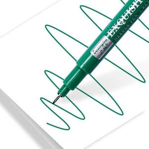 May include: A green needle pen labeled "EXQUISITE" is shown drawing a green, curved line on white paper. The pen has a silver tip and a dark green barrel. The paper is white and slightly angled.